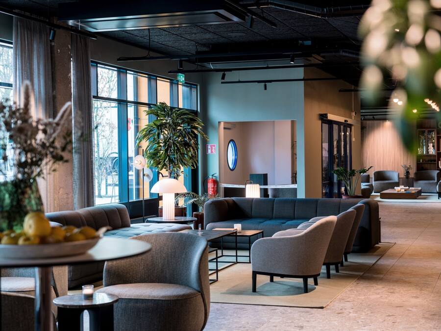 A modern lounge area with sofas, tables, and a large potted plant.