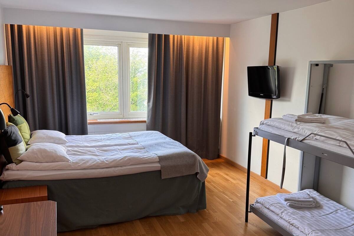 A hotel room with a bed, a desk, a bunk bed, a TV, and a window with curtains.