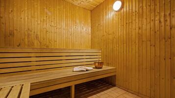 A wooden sauna with a bench and a bowl.