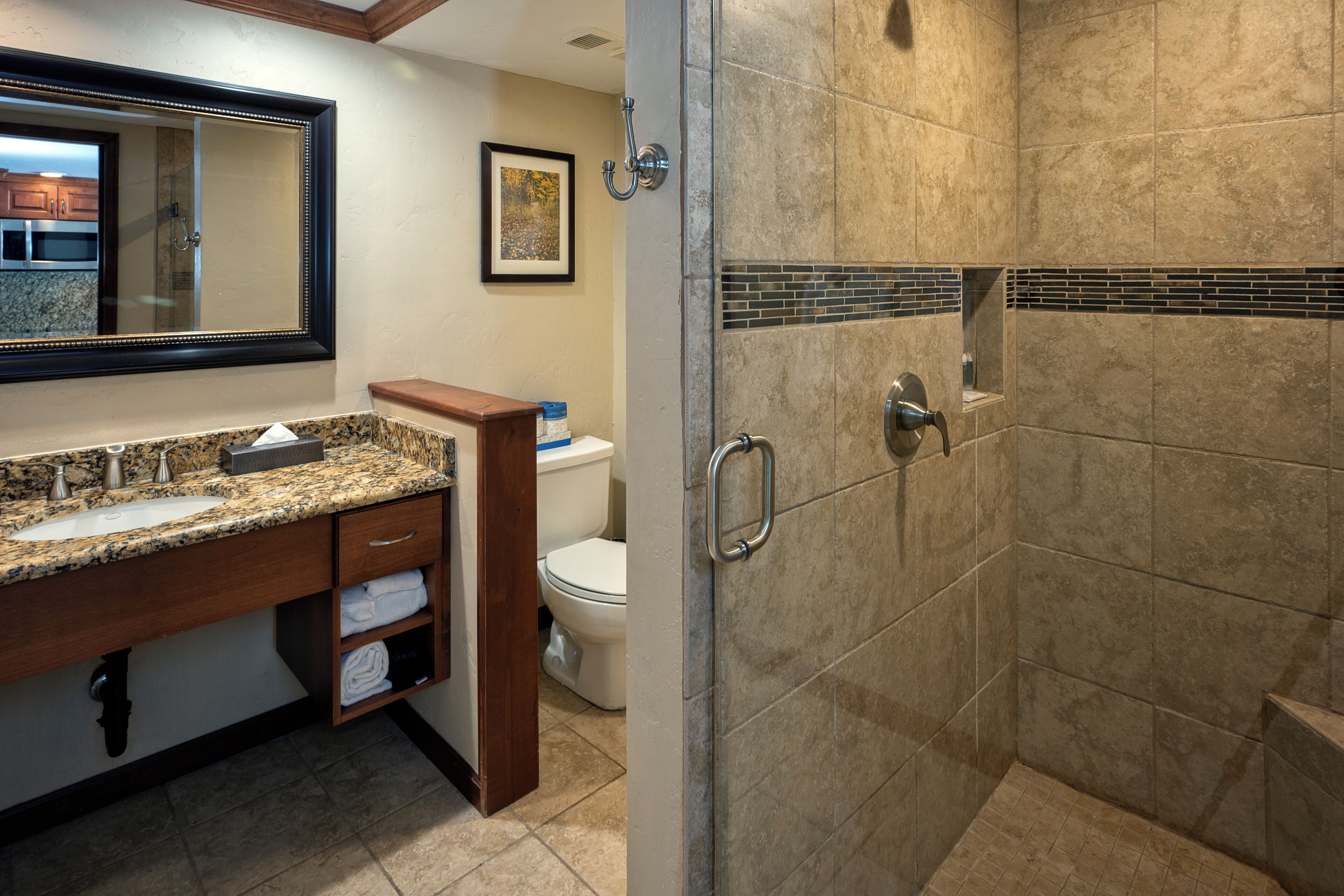 A bathroom with a granite countertop sink, a toilet, and a shower with a glass door.