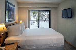 A hotel room with a large bed, a TV mounted on the wall, a window with a view of snow-covered trees, and a framed picture on the wall.