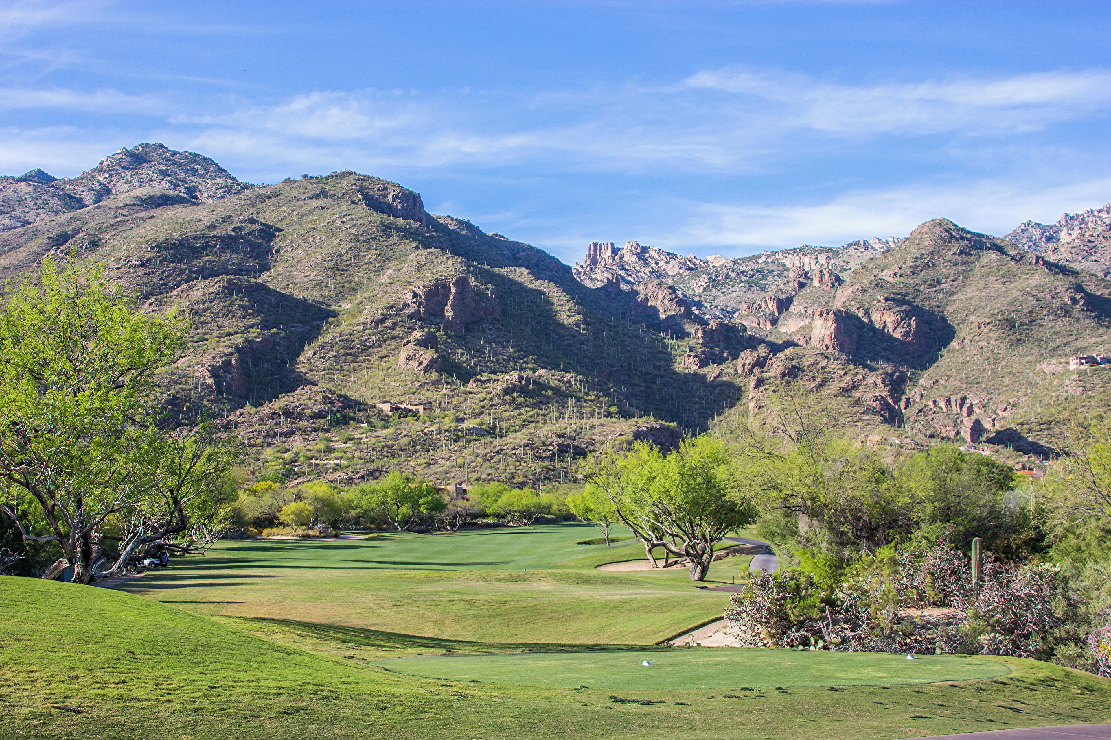 A golf course with a mountainous backdrop.