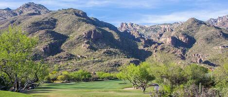 A golf course with a mountainous backdrop.