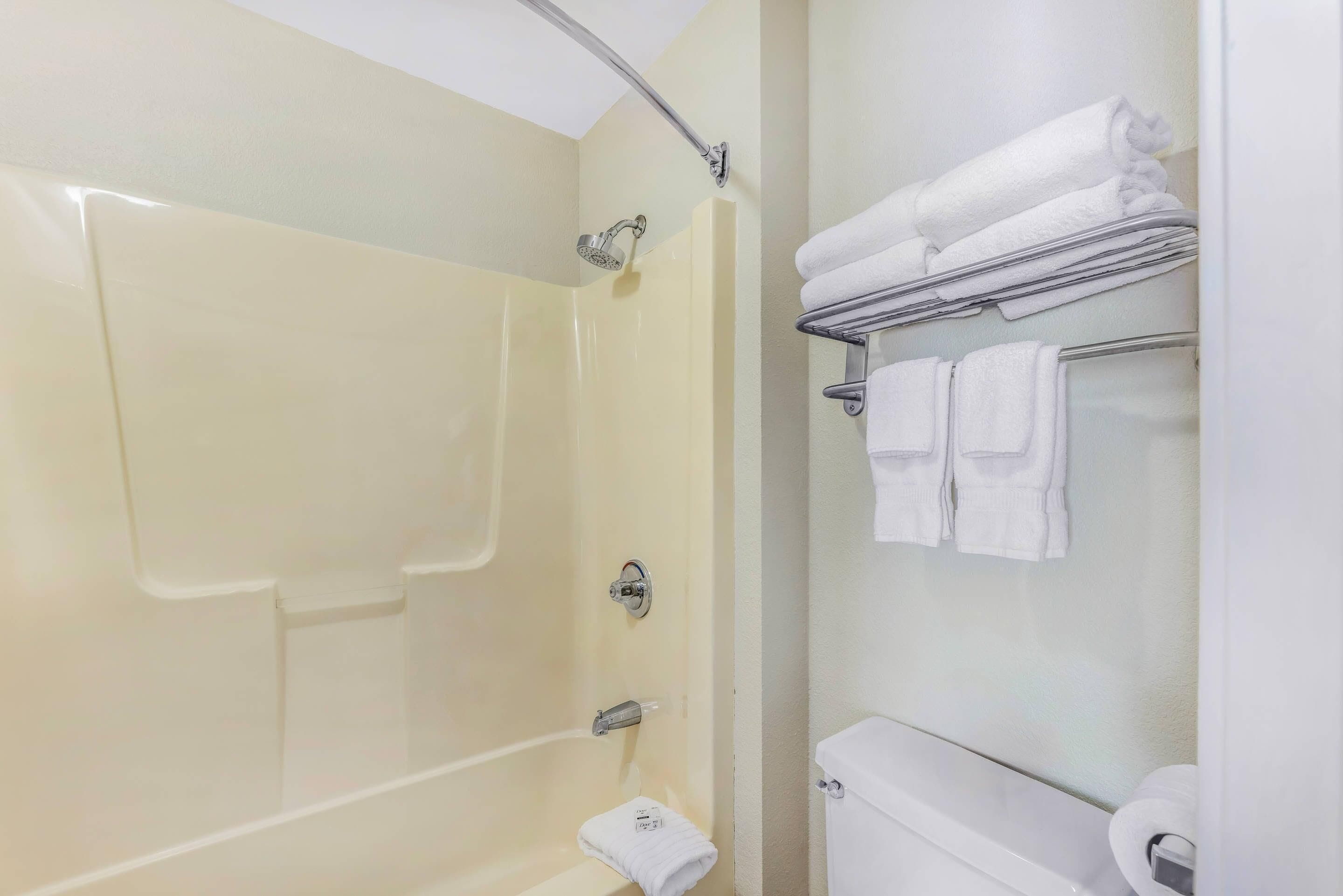 A bathroom with a shower, toilet, and towel rack.