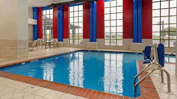 Indoor pool, open 8:00 AM to 10:00 PM, pool loungers