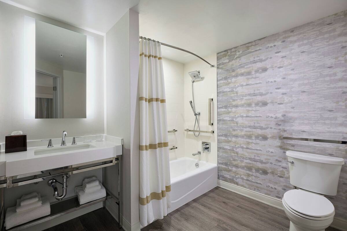 combined shower/bathtub, free toiletries, hair dryer, towels