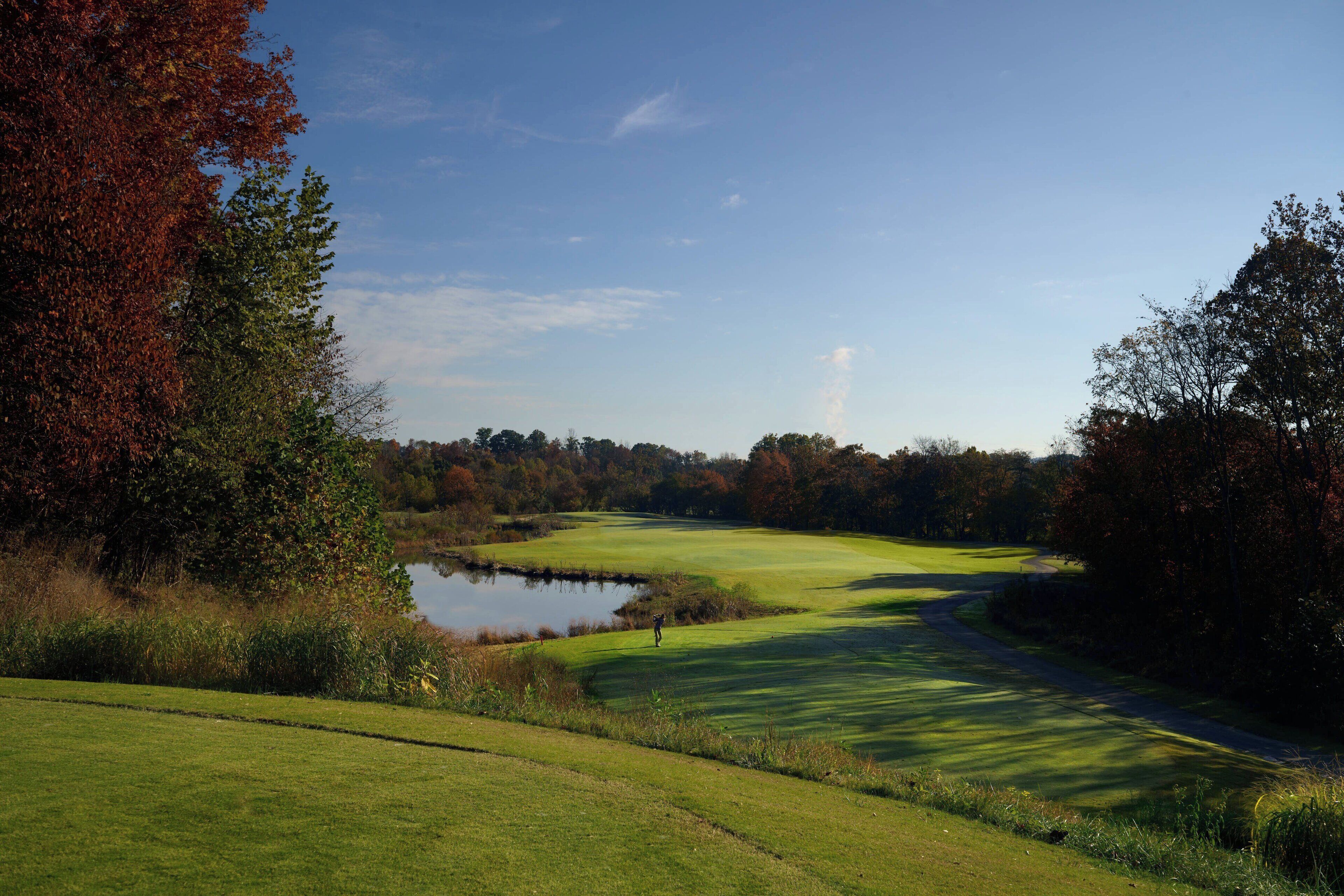 A golf course with a pond, trees, and a clear sky.