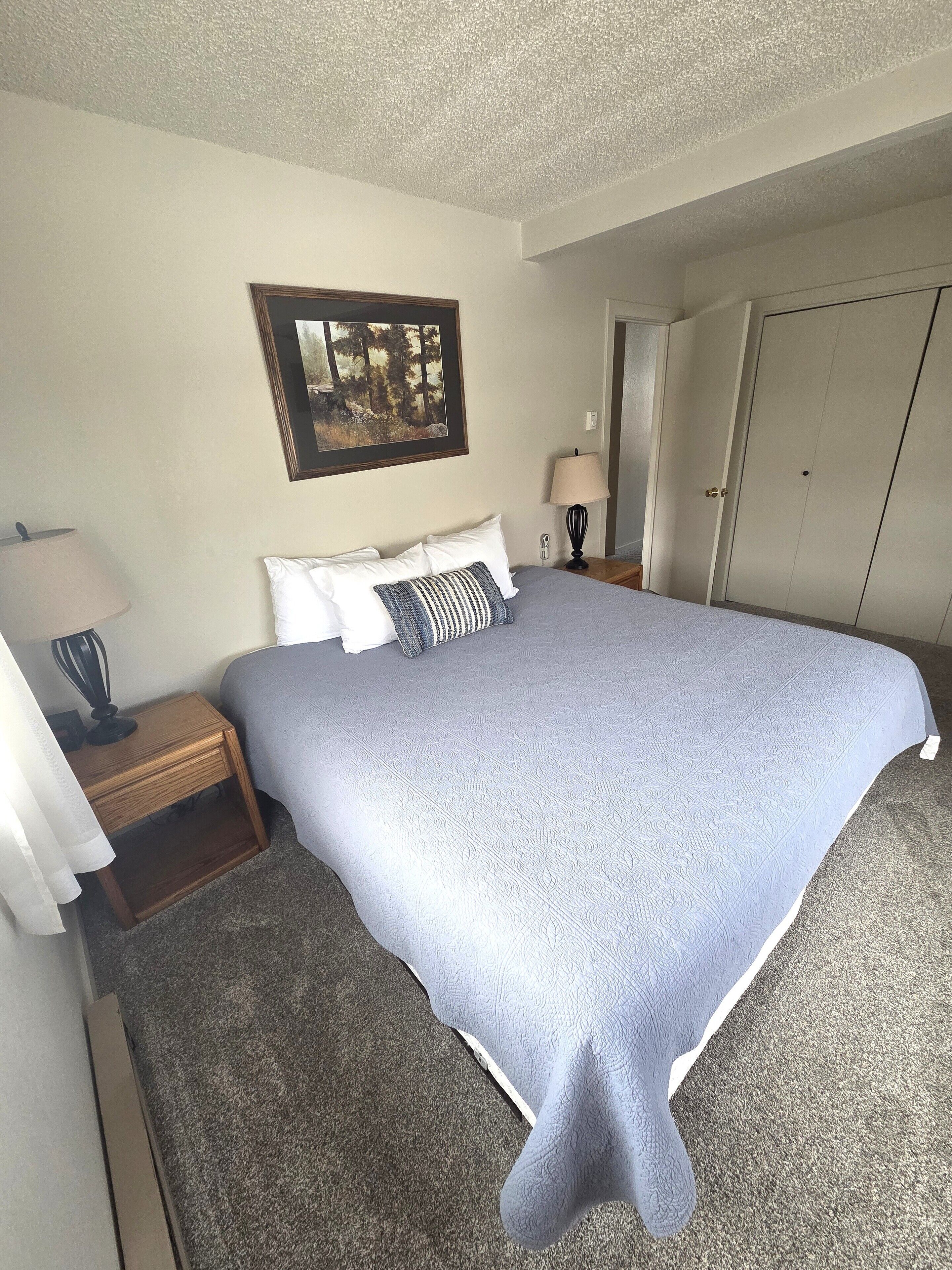 Quarto bem arrumado com uma cama grande, uma mesa de cabeceira com abajur, um quadro na parede e uma porta.