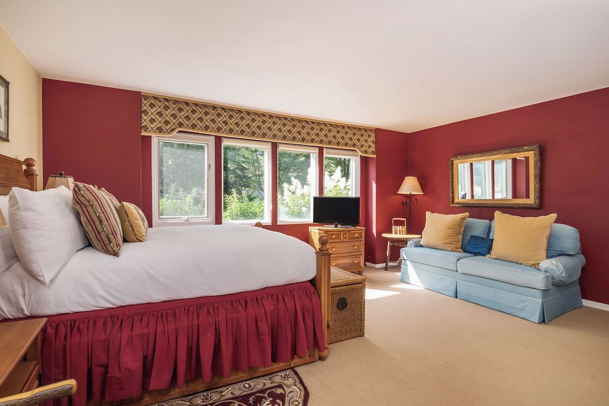 A bedroom with a large bed, a blue sofa, a television, and a window with a view of trees.