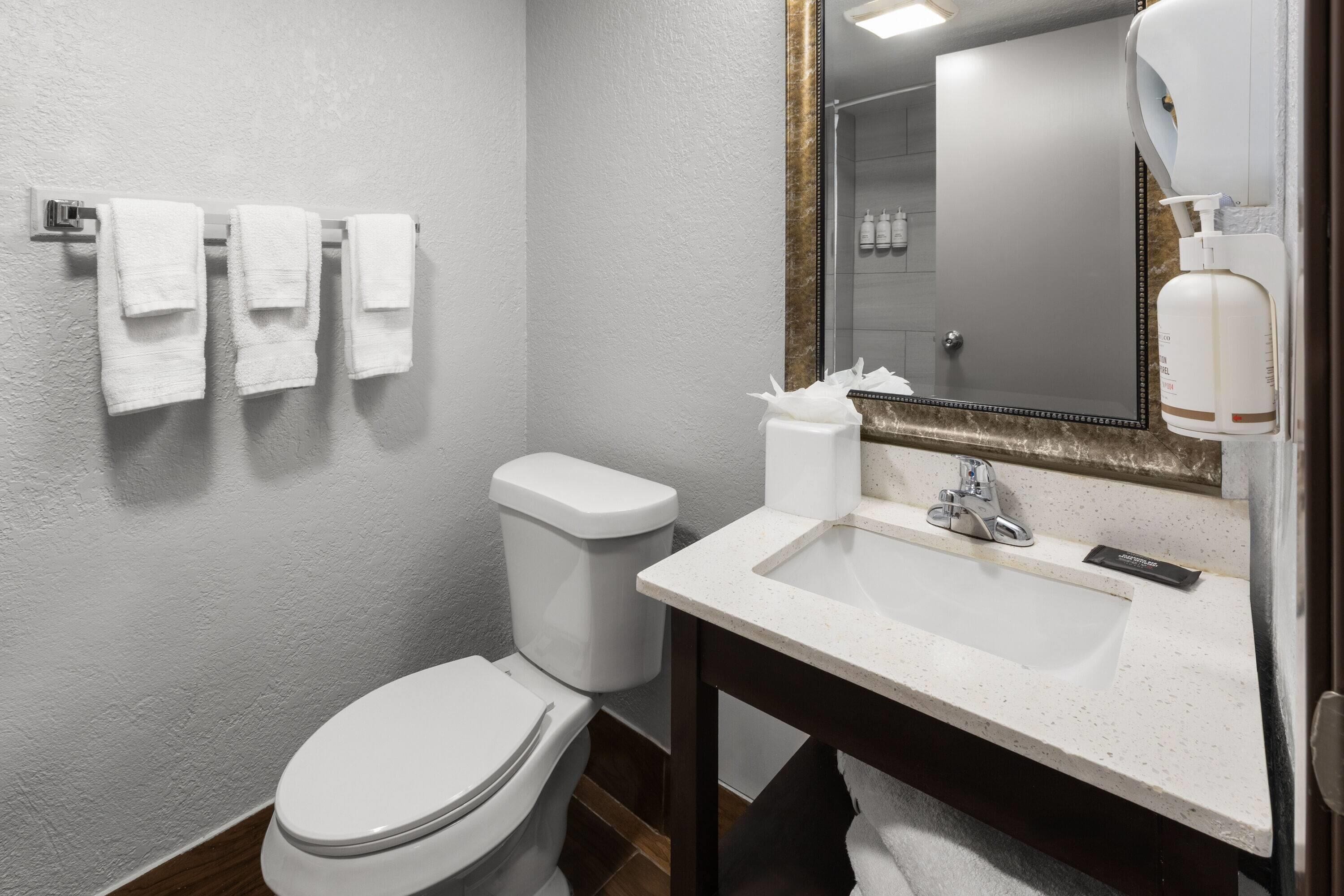 Une salle de bain moderne avec des toilettes blanches, un lavabo doté d’un plan de travail en marbre et un miroir avec un cadre doré.