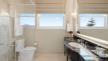A modern bathroom with a glass shower enclosure, a white toilet, a black vanity with a mirror, and a view of a tree through a window.