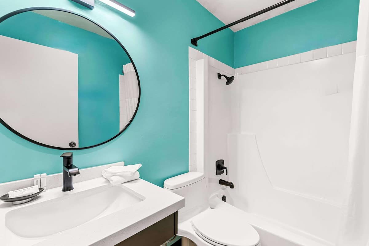 combined shower/bathtub, hair dryer, towels, soap