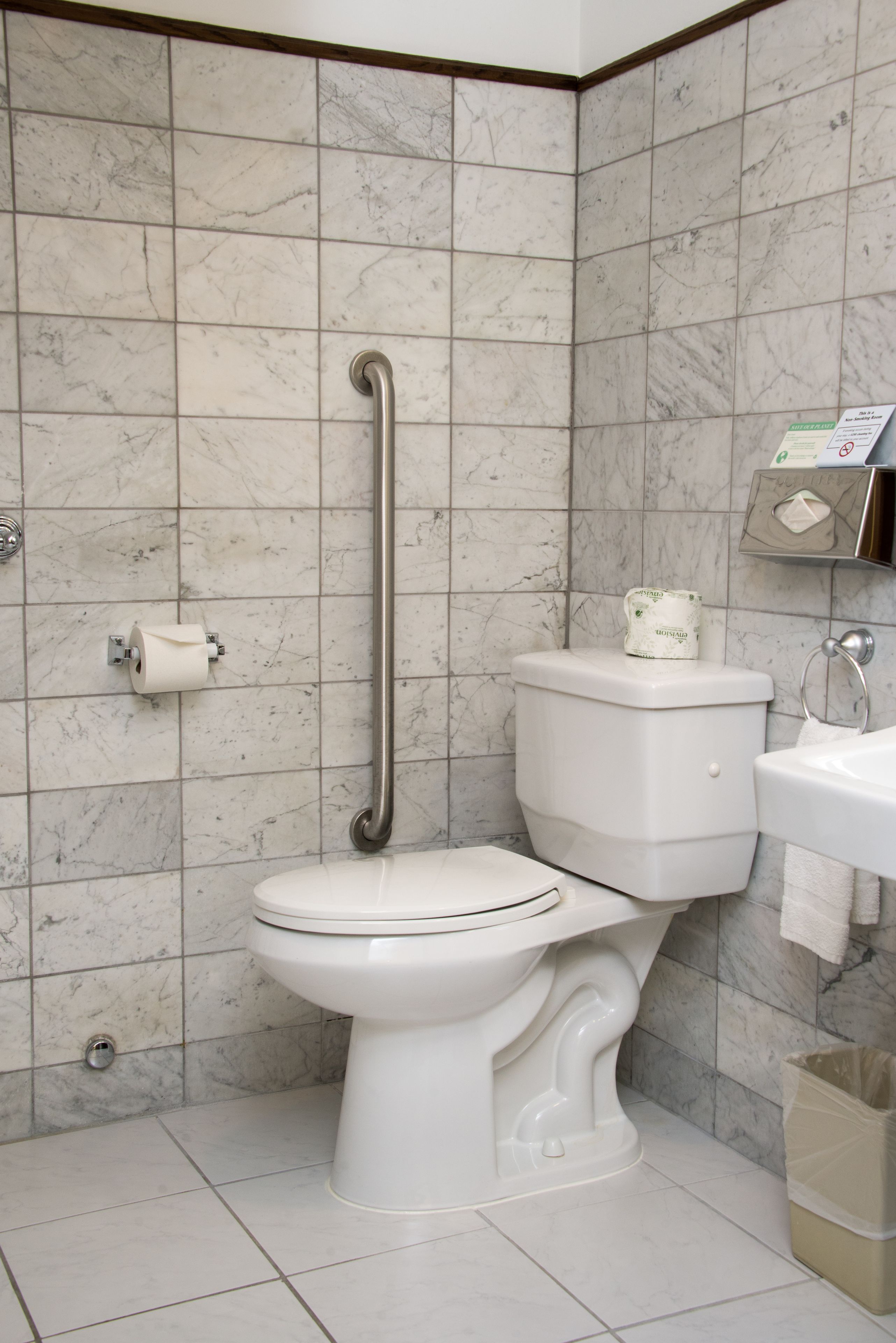 A bathroom with a white toilet, a handrail, a sink, and a trash bin.