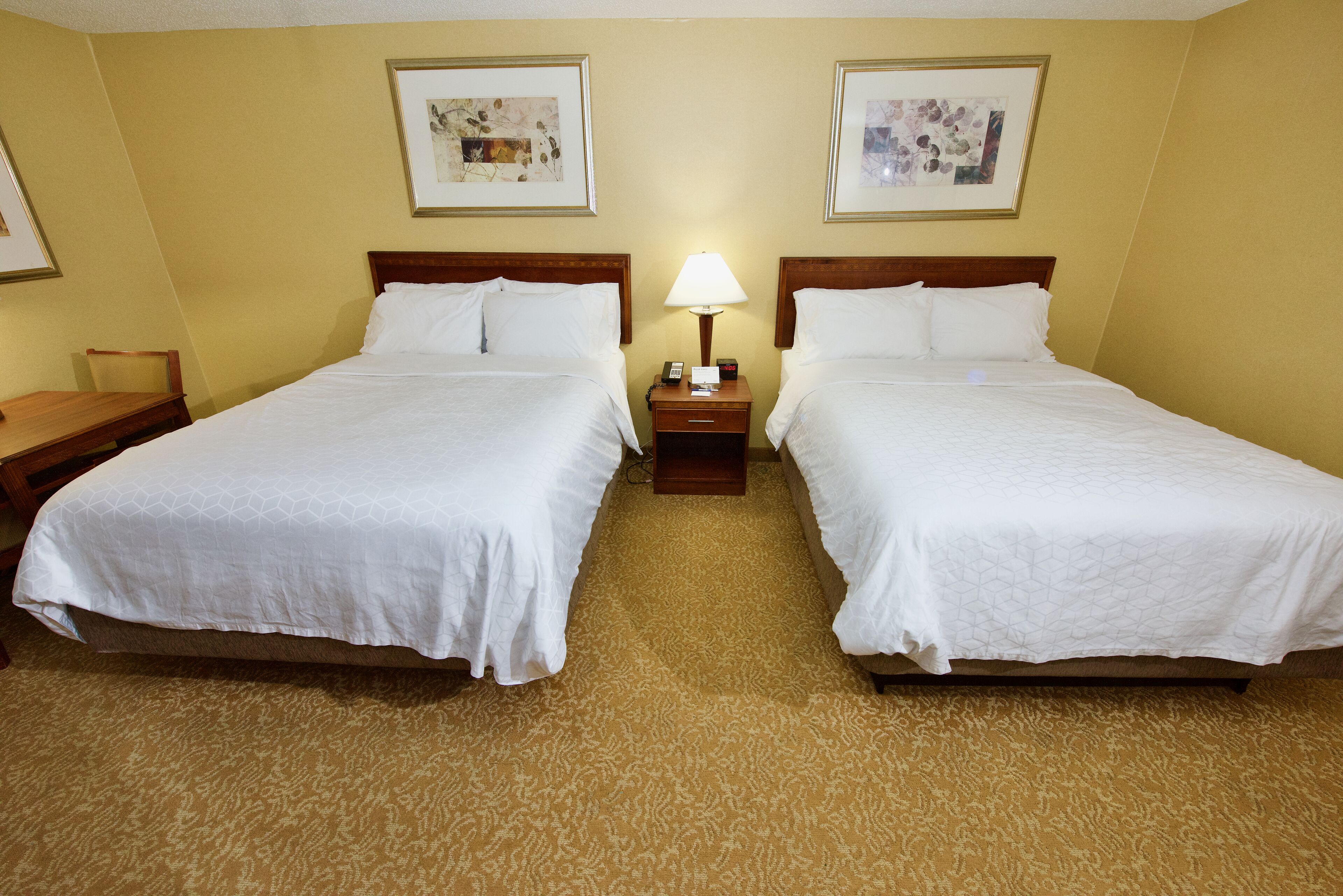 Habitación de hotel con dos camas, una mesita de noche con lámpara y cuadros en las paredes.