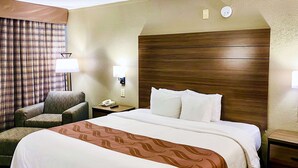 Une chambre d’hôtel avec un grand lit, une chaise, une table de chevet avec une lampe et un téléphone fixé au mur.