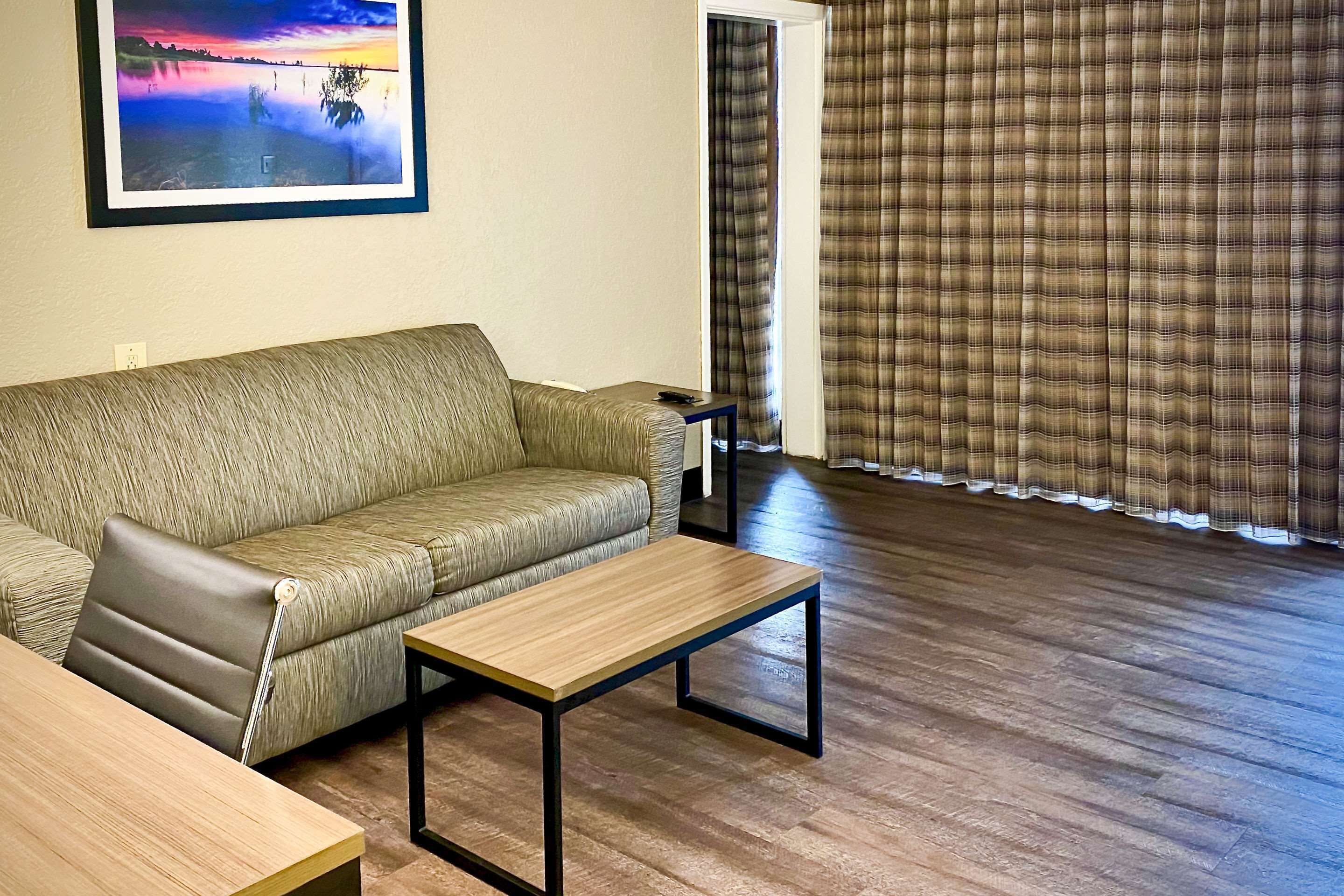 A living room with a sofa, a coffee table, a framed picture on the wall, and plaid curtains.