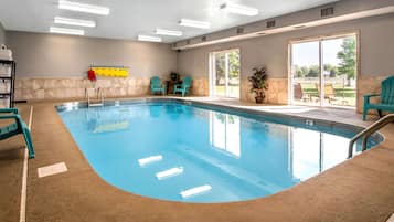 Indoor pool, open 9:00 AM to 10:00 PM, pool loungers