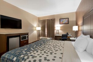 Quarto de hotel com uma cama, televisão de tela plana, escrivaninha com cadeira, micro-ondas e geladeira.