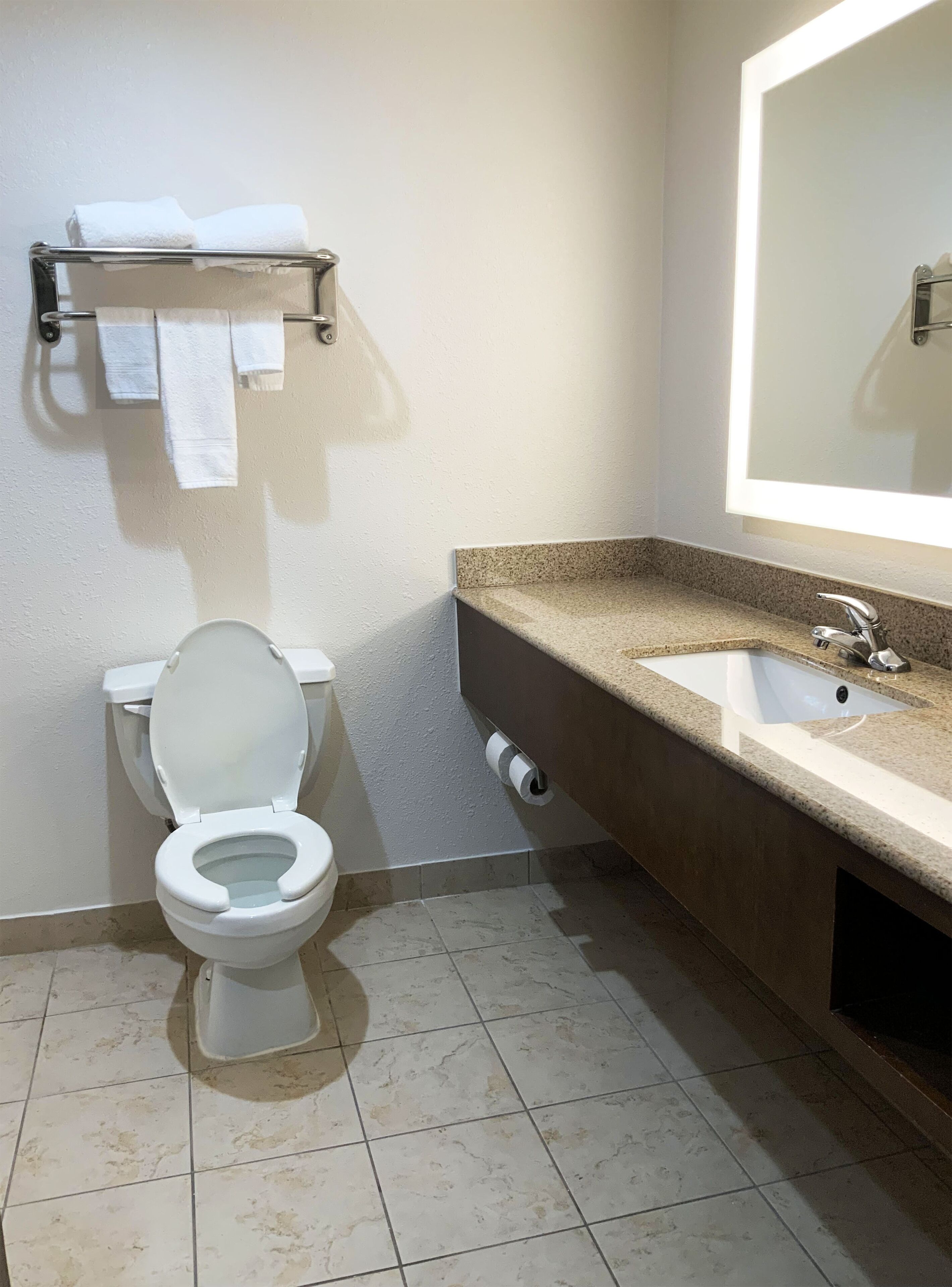 A bathroom with a toilet, a sink, and a mirror.
