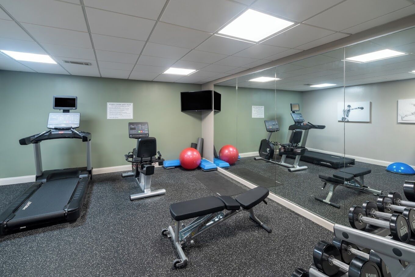 Une salle de sport équipée de tapis de course, d’un vélo d’appartement, d’un banc de musculation, de ballons d’exercice et d’haltères.