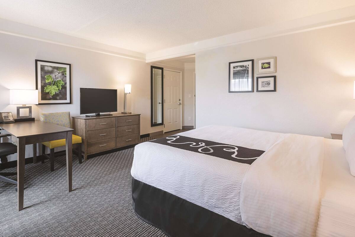 A hotel room with a bed, a desk, a chair, a television, and a dresser.