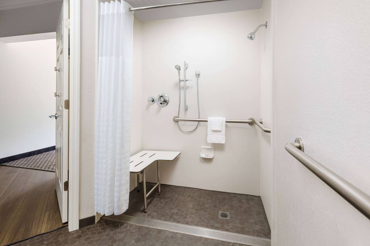 combined shower/bathtub, free toiletries, hair dryer, towels