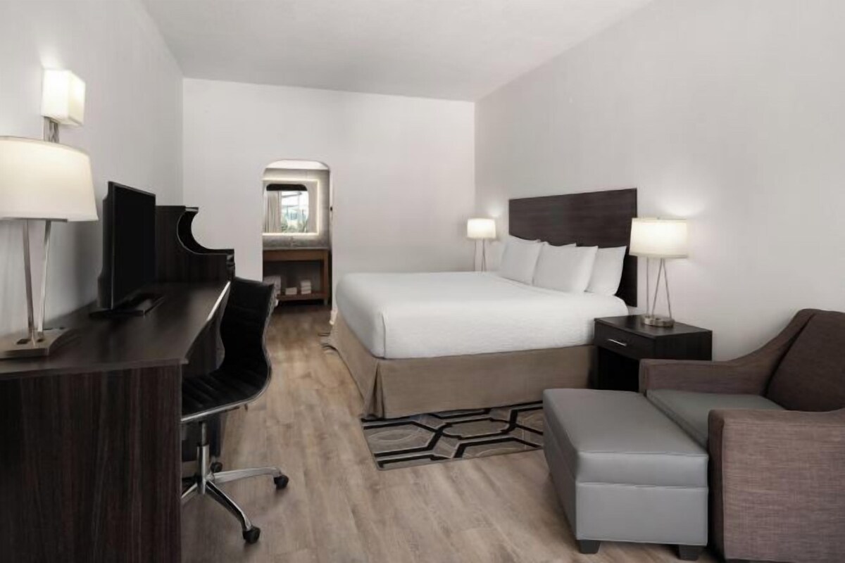 Een hotelkamer met een bed, bureau, stoel en een kleine zithoek.
