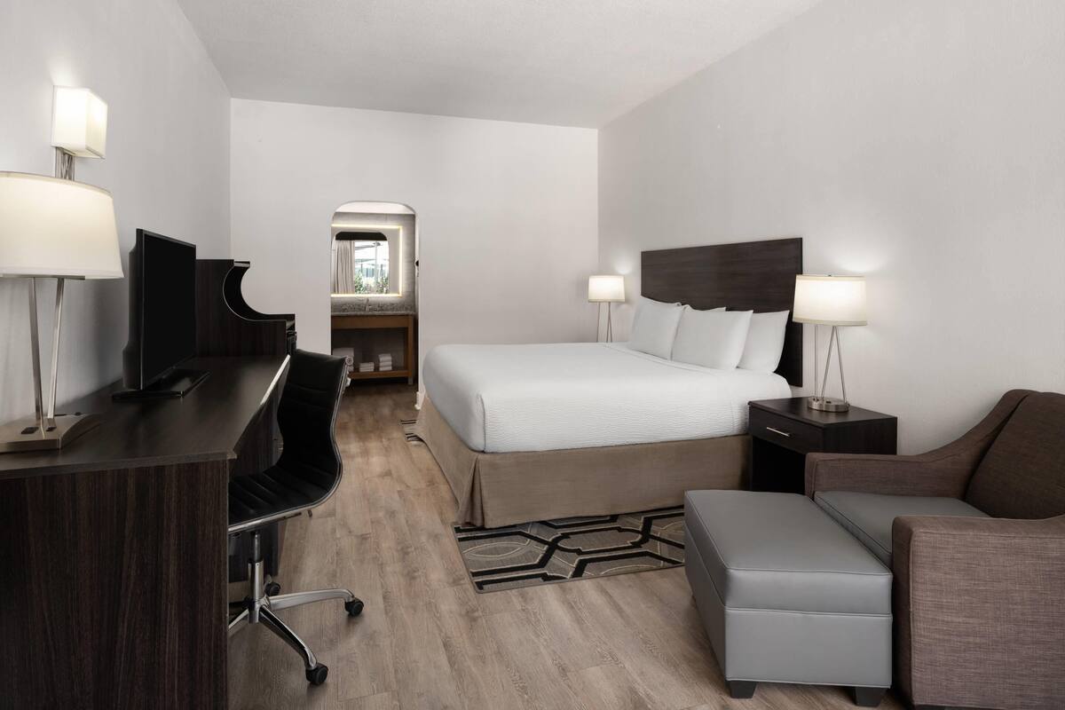 Ein Hotelzimmer mit einem Bett, einem Schreibtisch mit Stuhl, einer kleinen Sitzecke, einem Nachttisch und einer Lampe.