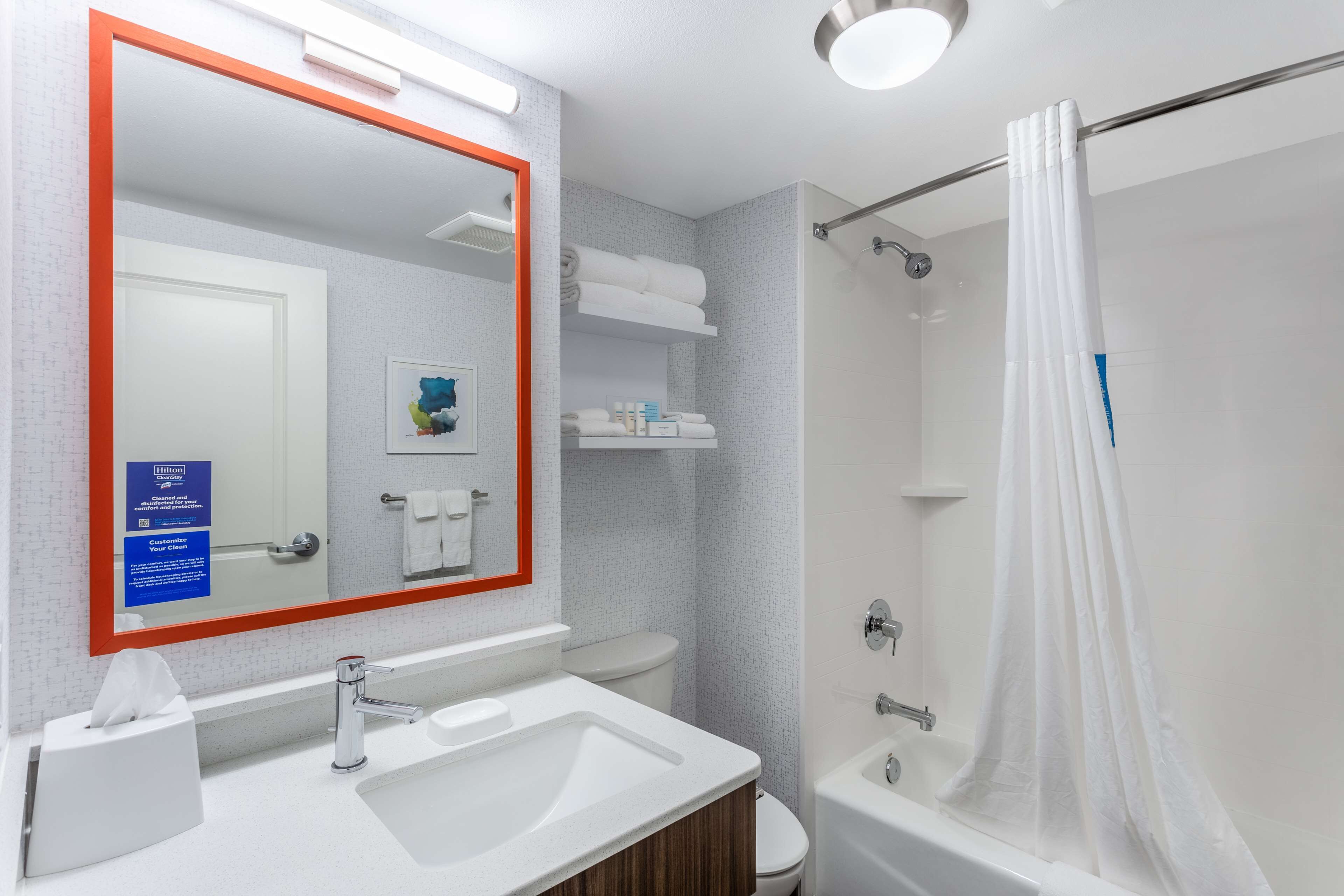 two queen bed non smoking | bathroom | separate bathtub and shower, hair dryer, towels