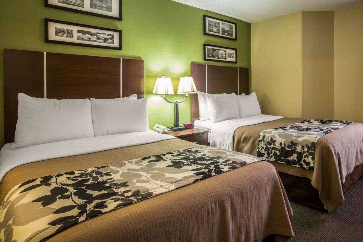 A hotel room with two beds, green walls, and framed pictures on the wall.