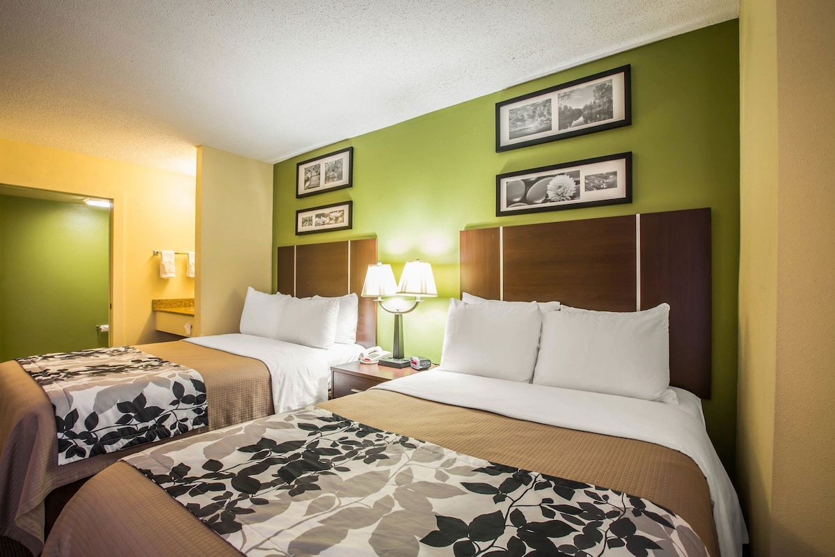 Une chambre d’hôtel avec deux lits, des murs verts, des tableaux encadrés, une lampe de chevet et un téléphone.