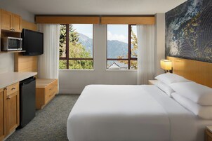 Habitación de hotel con cama, televisión, microondas y vistas a montañas.