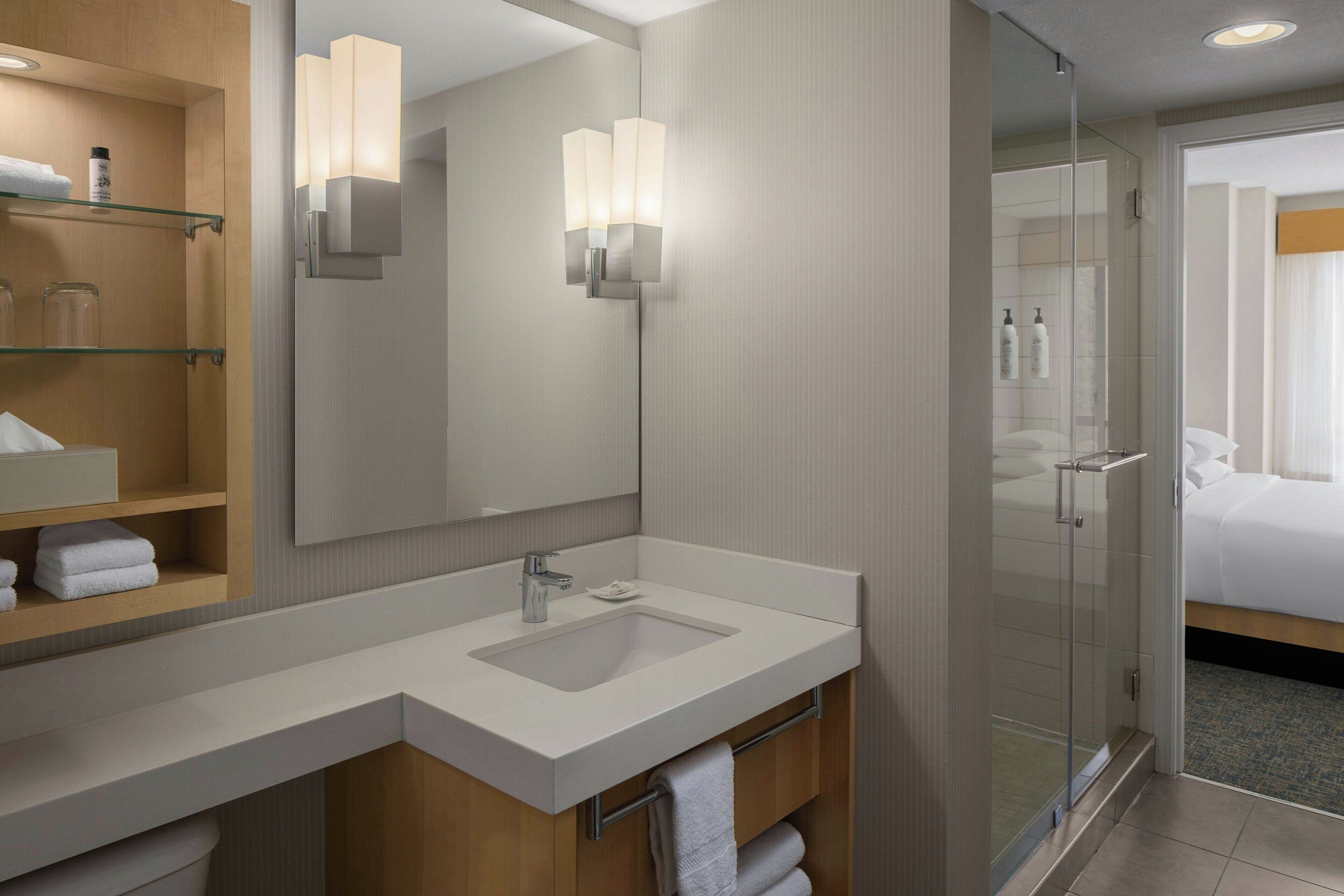 combined shower/bathtub, free toiletries, hair dryer, bathrobes