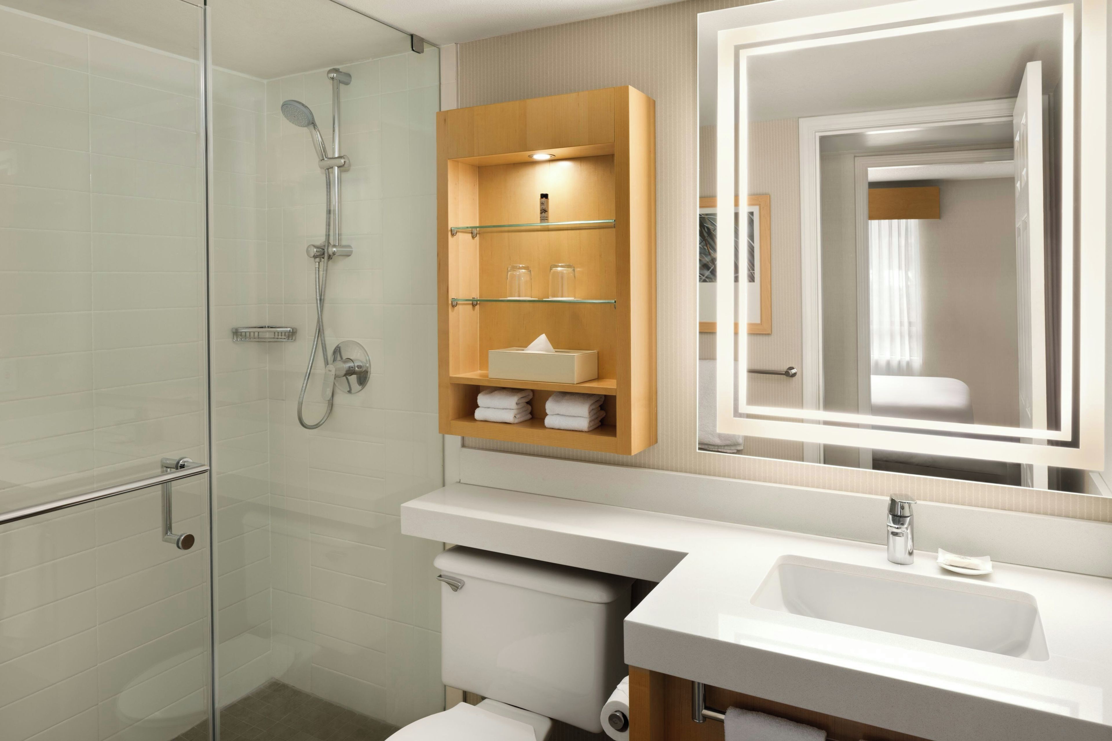 Une salle de bain moderne avec une douche à parois de verre, un meuble-lavabo en bois avec un miroir et des toilettes.