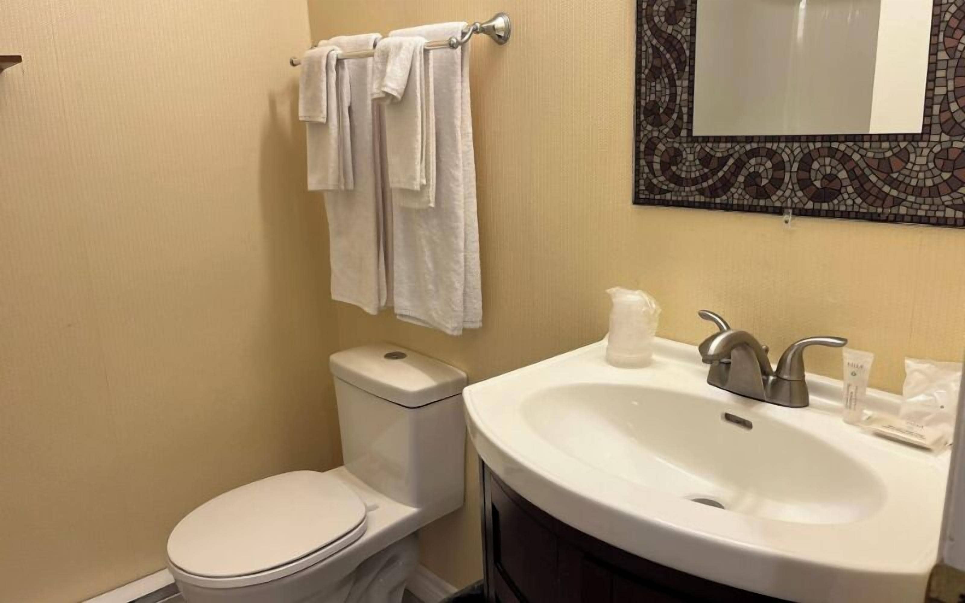 A bathroom with a toilet, a sink, and a mirror.