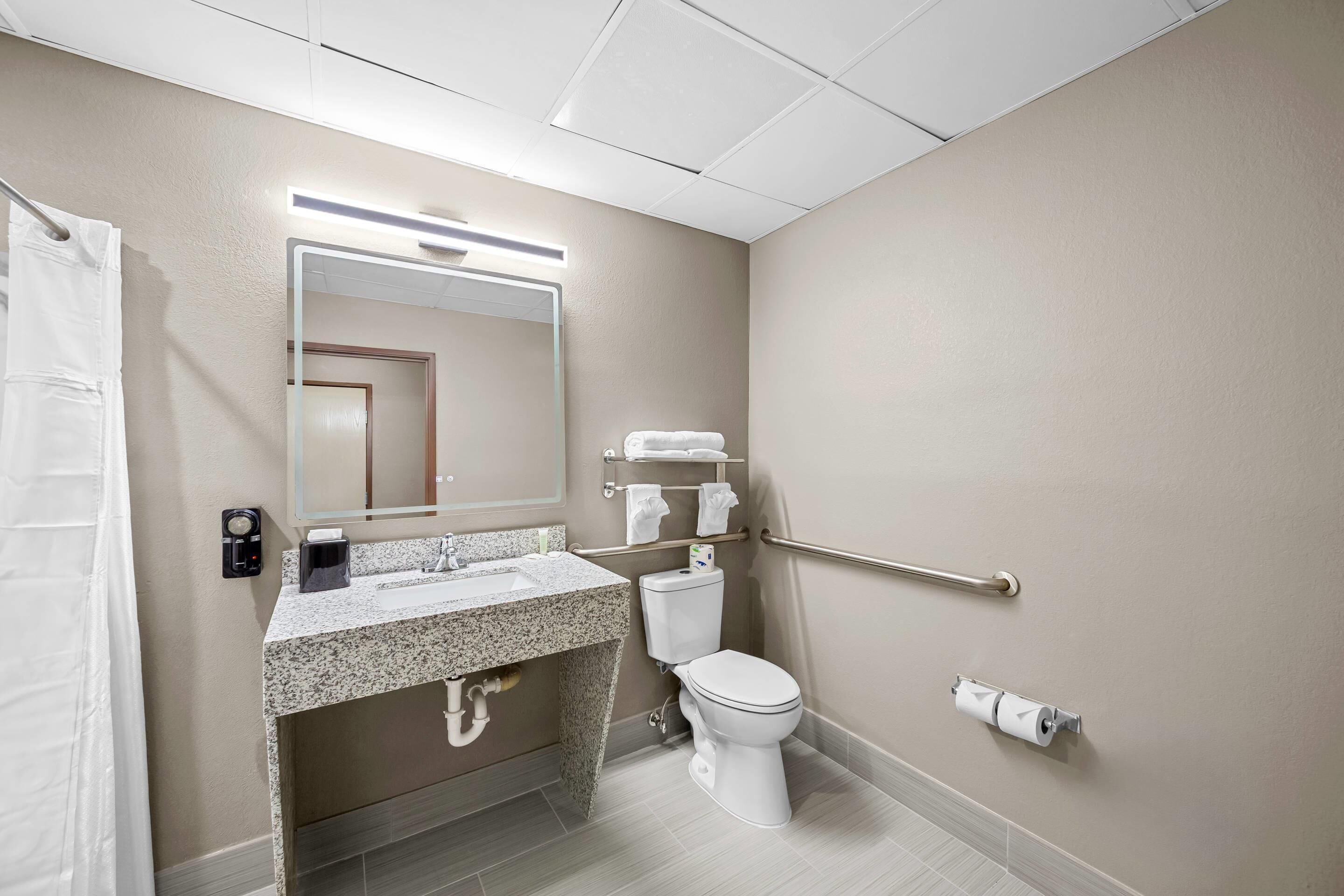 A bathroom with a sink, toilet, mirror, towel rack, and handrails.