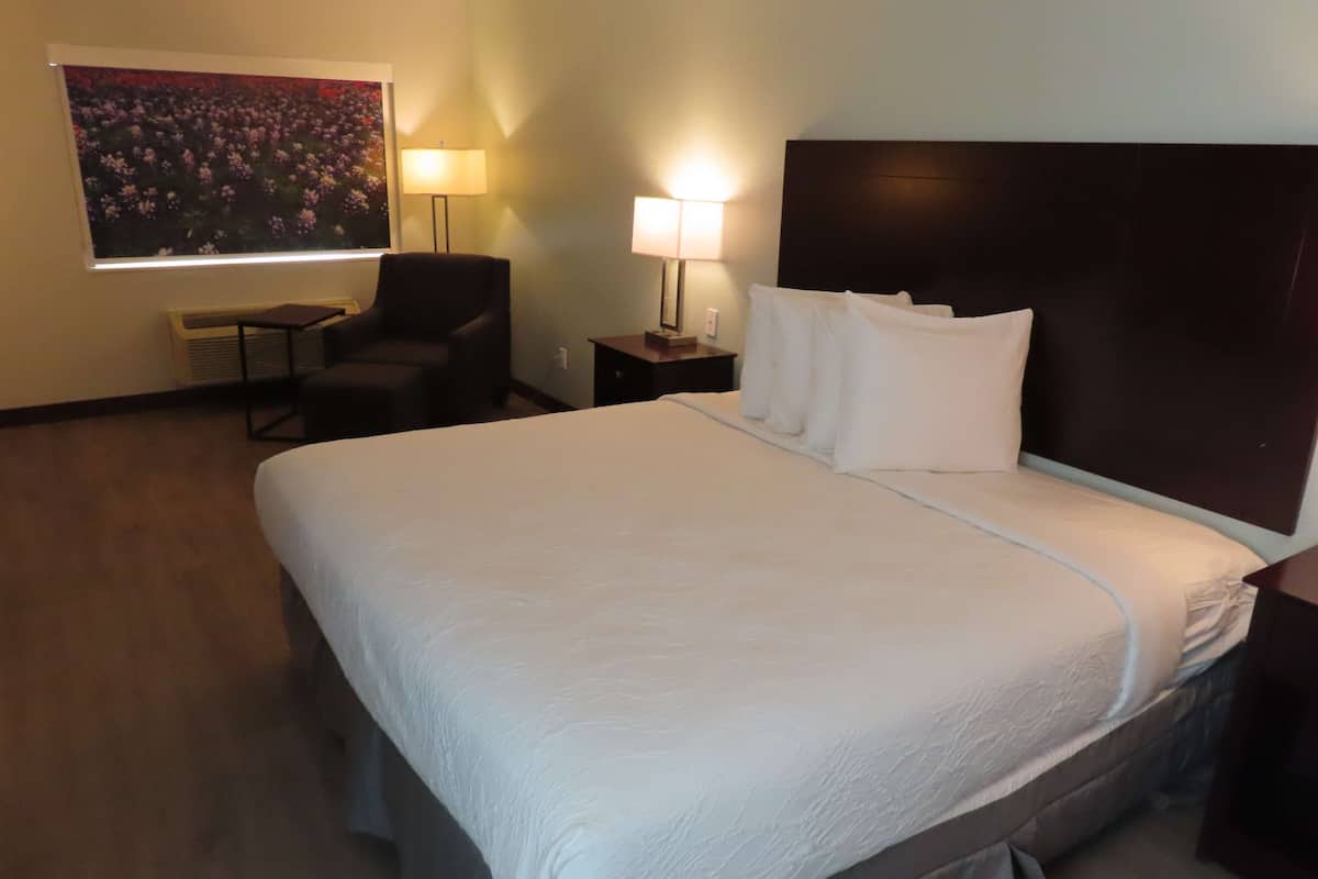 Ein Hotelzimmer mit einem großen Bett, zwei Nachttischlampen, einem Sessel, einem kleinen Tisch und einem großen Blumenbild an der Wand.