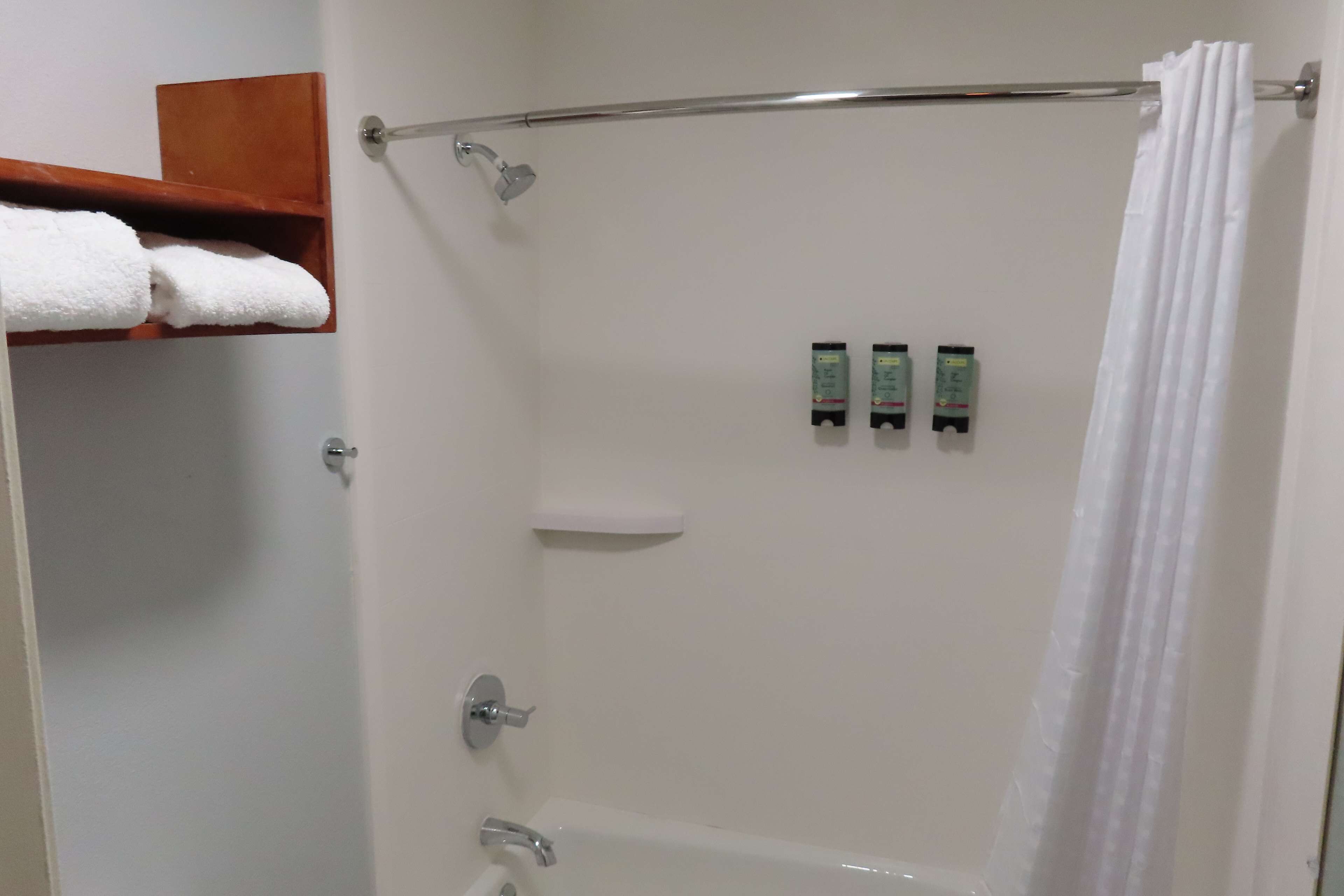 A shower area with a glass door, a towel rack, and two toiletries.