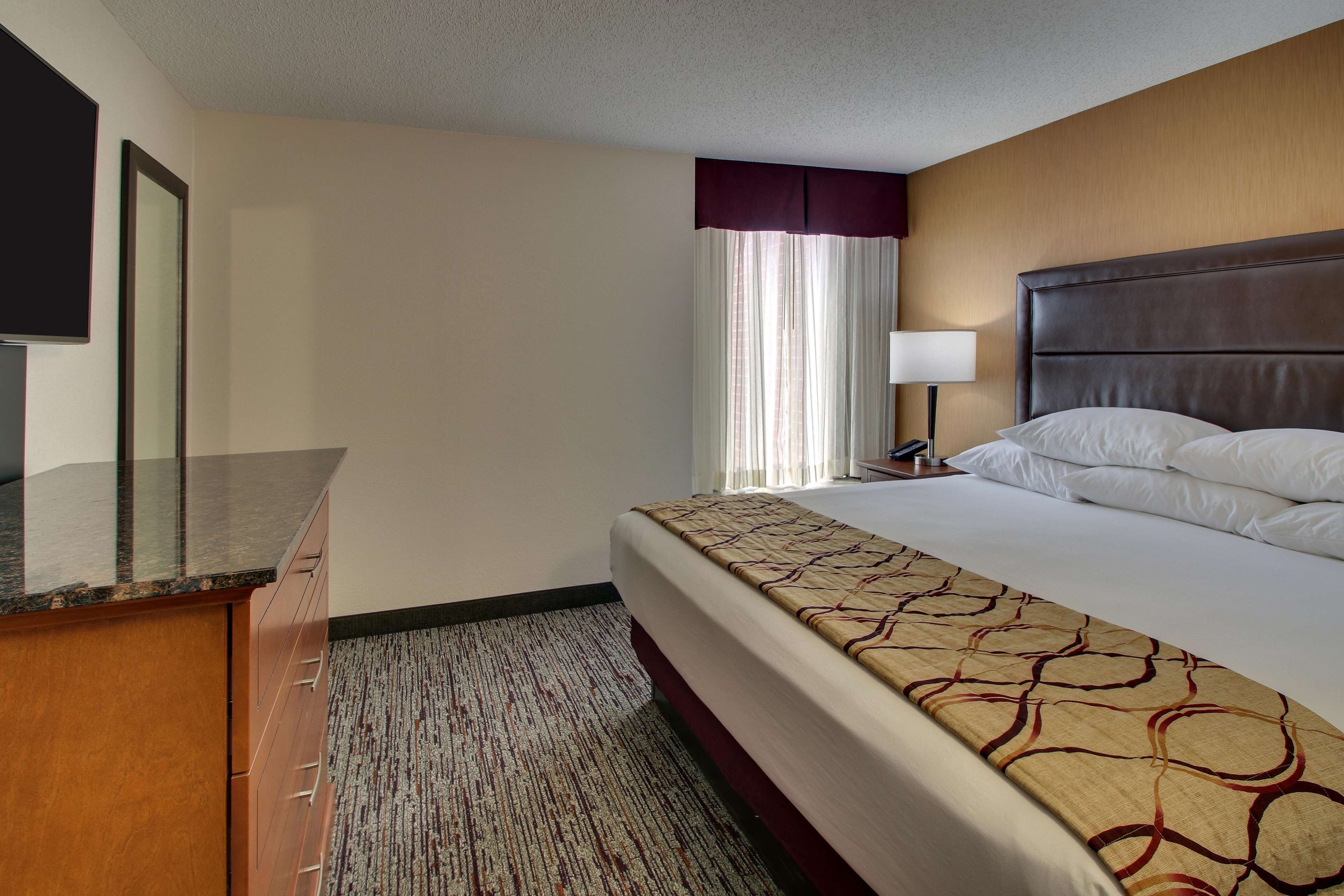 A hotel room with a bed, a nightstand, a lamp, a mirror, and a carpeted floor.