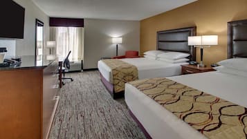 Desk, laptop workspace, blackout drapes, iron/ironing board