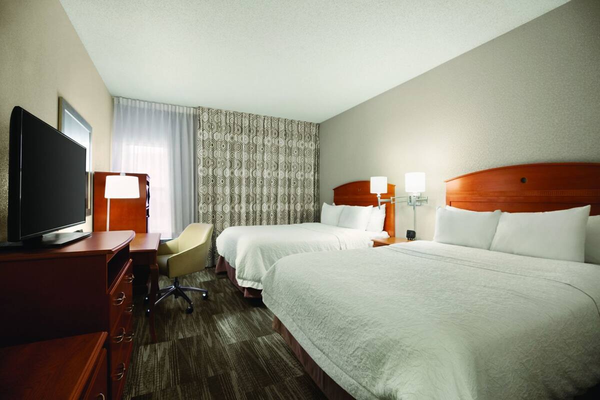A hotel room with two beds, a TV, a desk, a chair, and a patterned curtain.