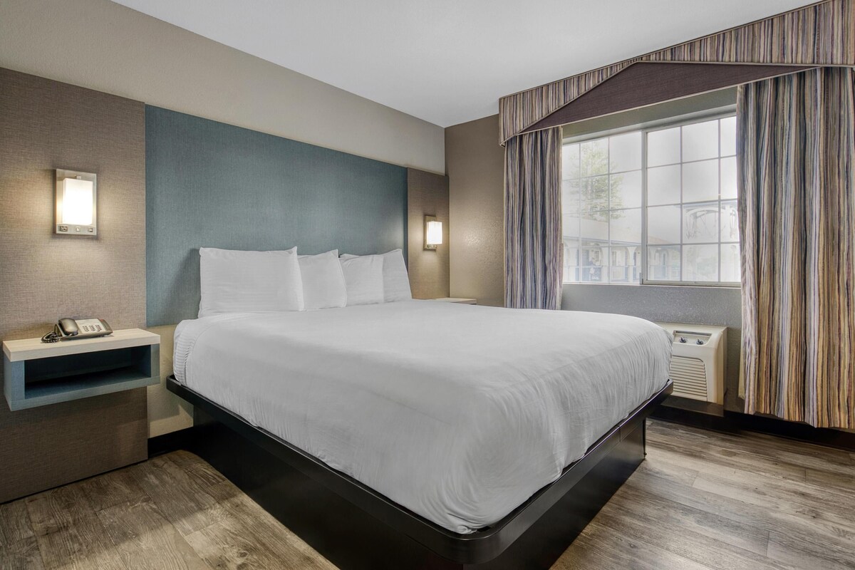 A modern hotel room with a large bed, bedside tables, and a window with curtains.