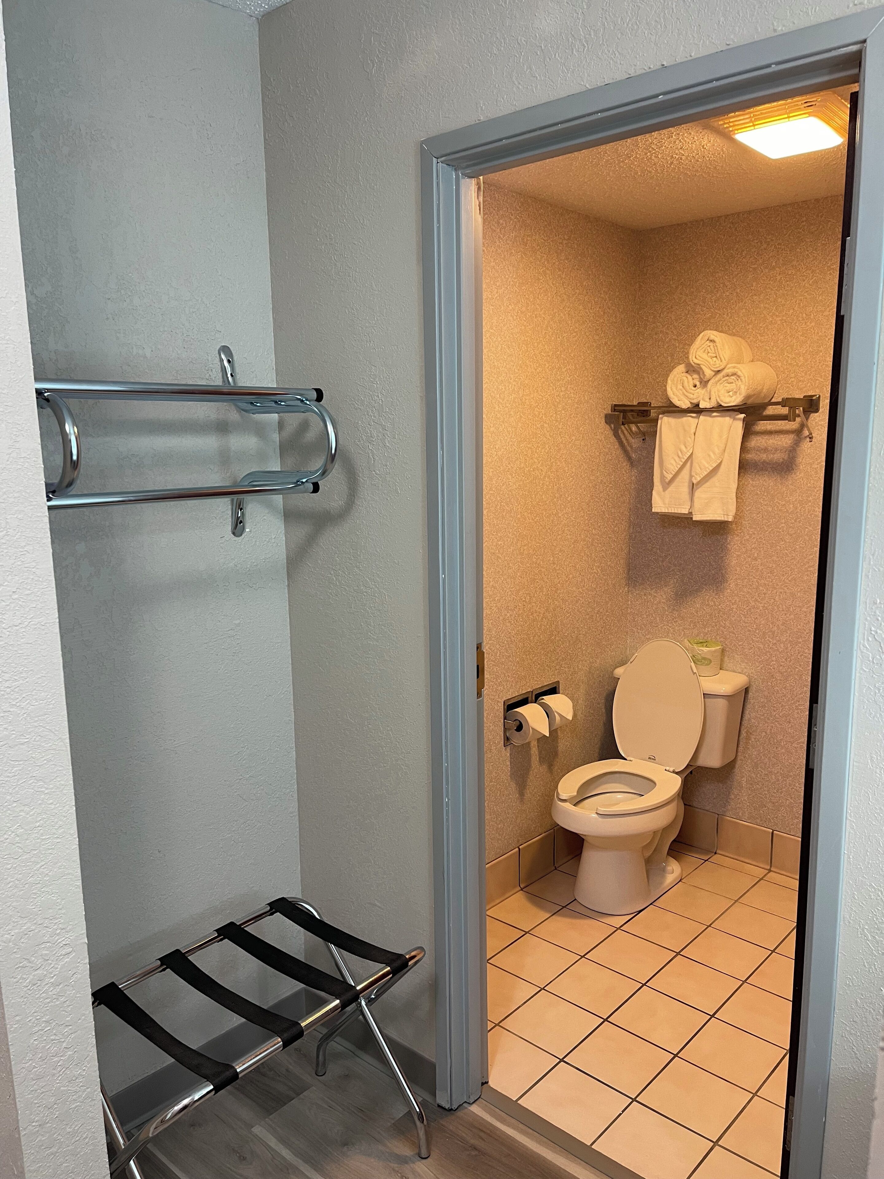 combined shower/bathtub, free toiletries, hair dryer, towels