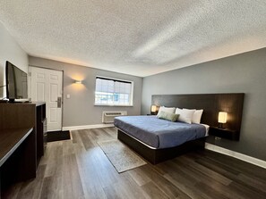 Une chambre à coucher avec un lit, une télévision, une fenêtre et une porte.
