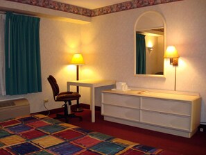 1 bedroom, desk, blackout drapes, iron/ironing board