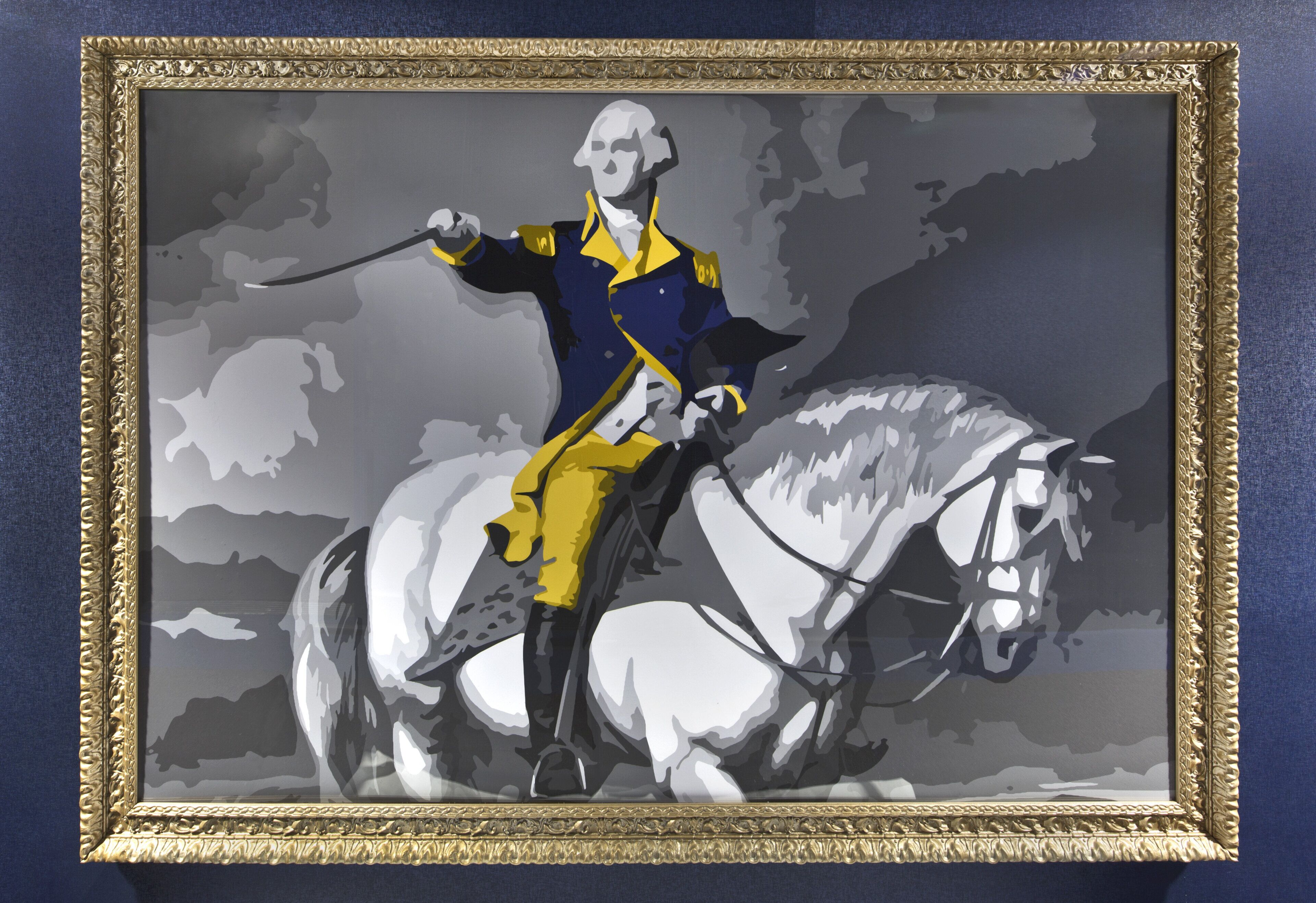 A framed artwork of a historical figure on horseback.