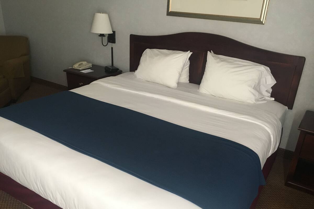 Una habitación de hotel con una cama grande, una mesita de noche con lámpara y una silla.