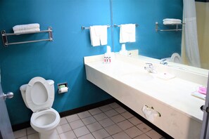 Combined shower/tub, free toiletries, hair dryer, towels