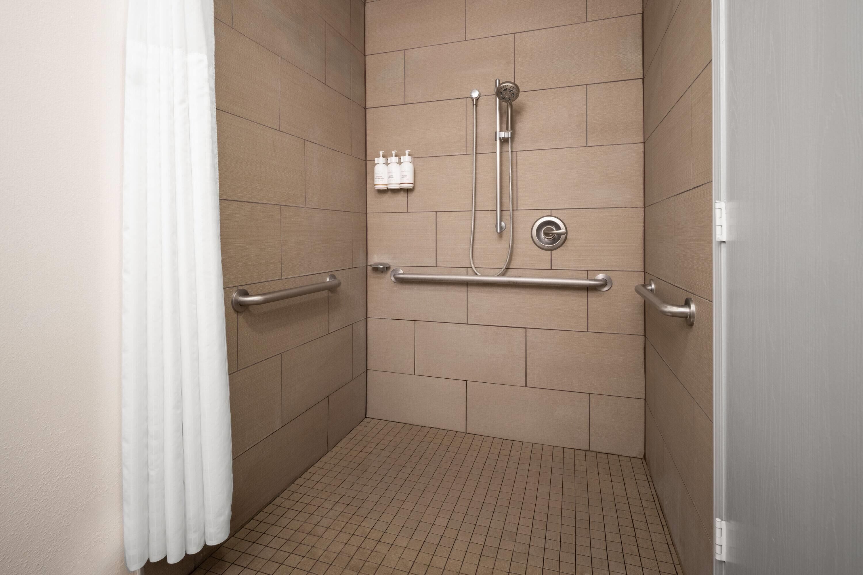 A shower area with a handrail, a showerhead, and hand soap dispensers.