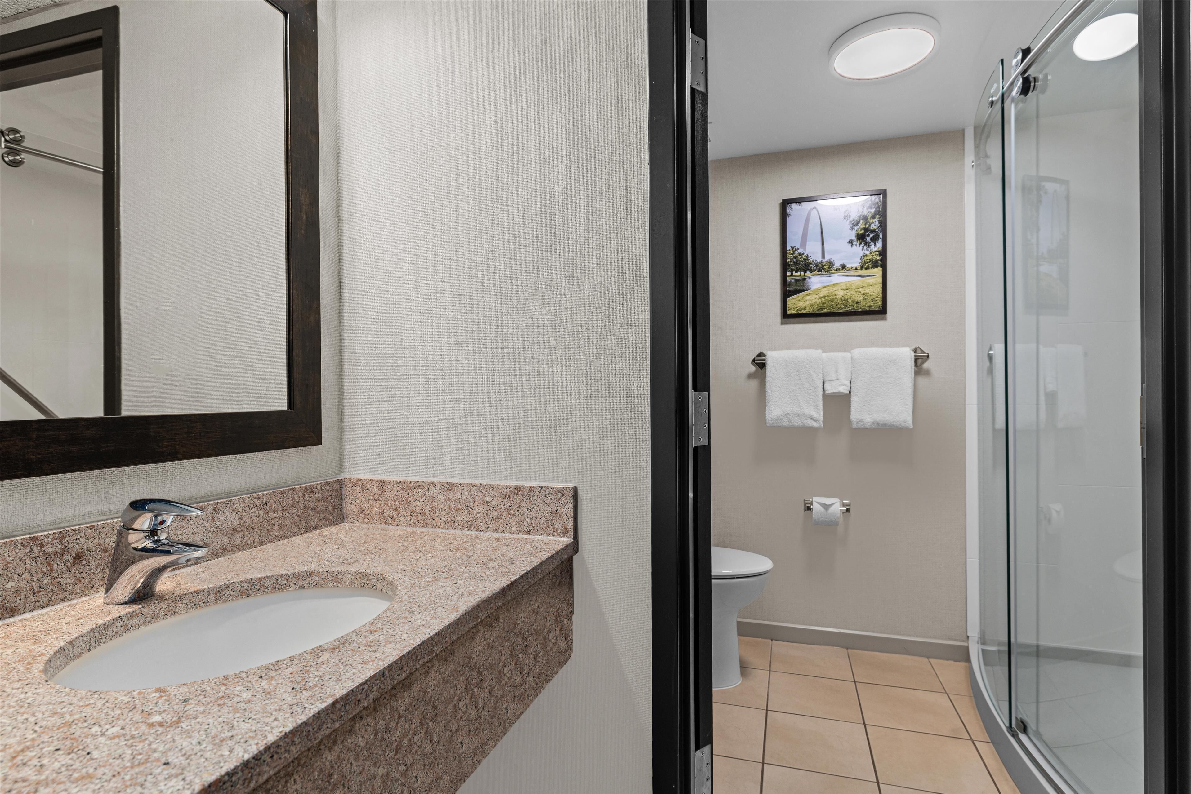 combined shower/bathtub, free toiletries, hair dryer, towels